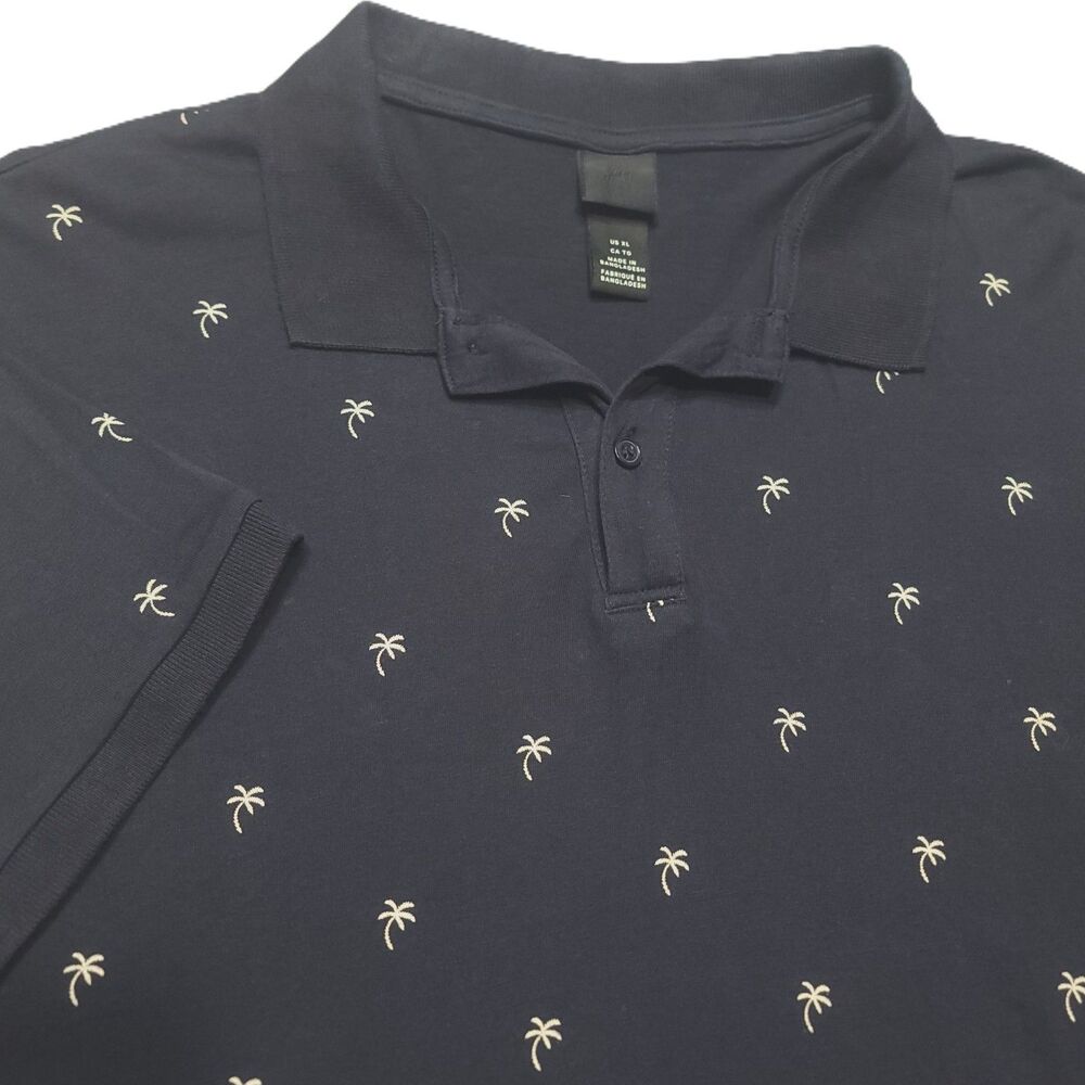 H&M Mens XL Polo Shirt Palm Tree Print Navy Blue Short Sleeve Cotton